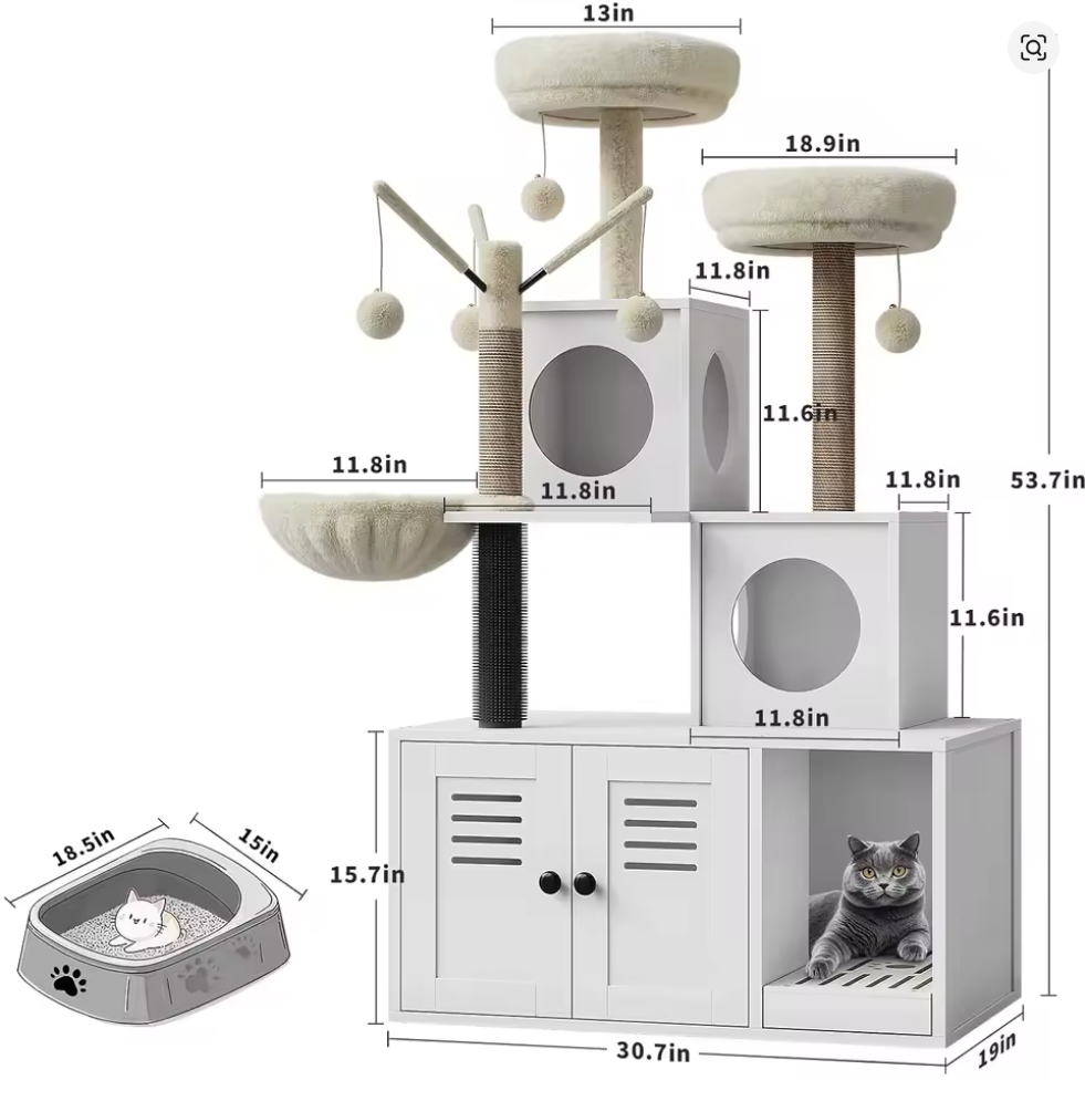 Nuvet™3-in-1 Cat Litter Box Enclosure with Cat Tree – Hidden Washroom Furniture