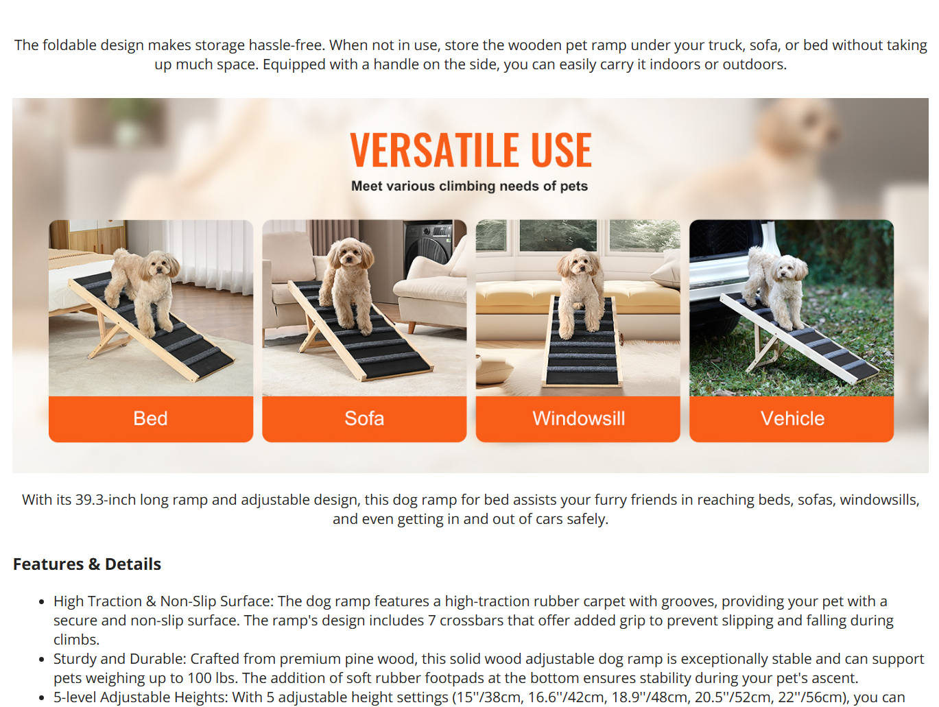 Nuvet™SucceBuy Adjustable Folding Dog Ramp – Non-Slip Wooden Pet Ramp