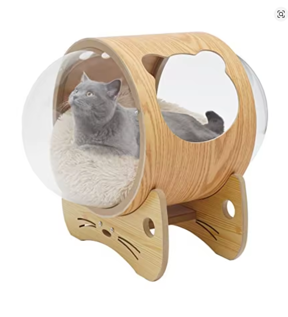 Nuvet™Modern Wooden Cat Bed House – Space Capsule Design with Cushion