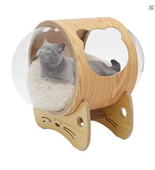 Nuvet™Modern Wooden Cat Bed House – Space Capsule Design with Cushion