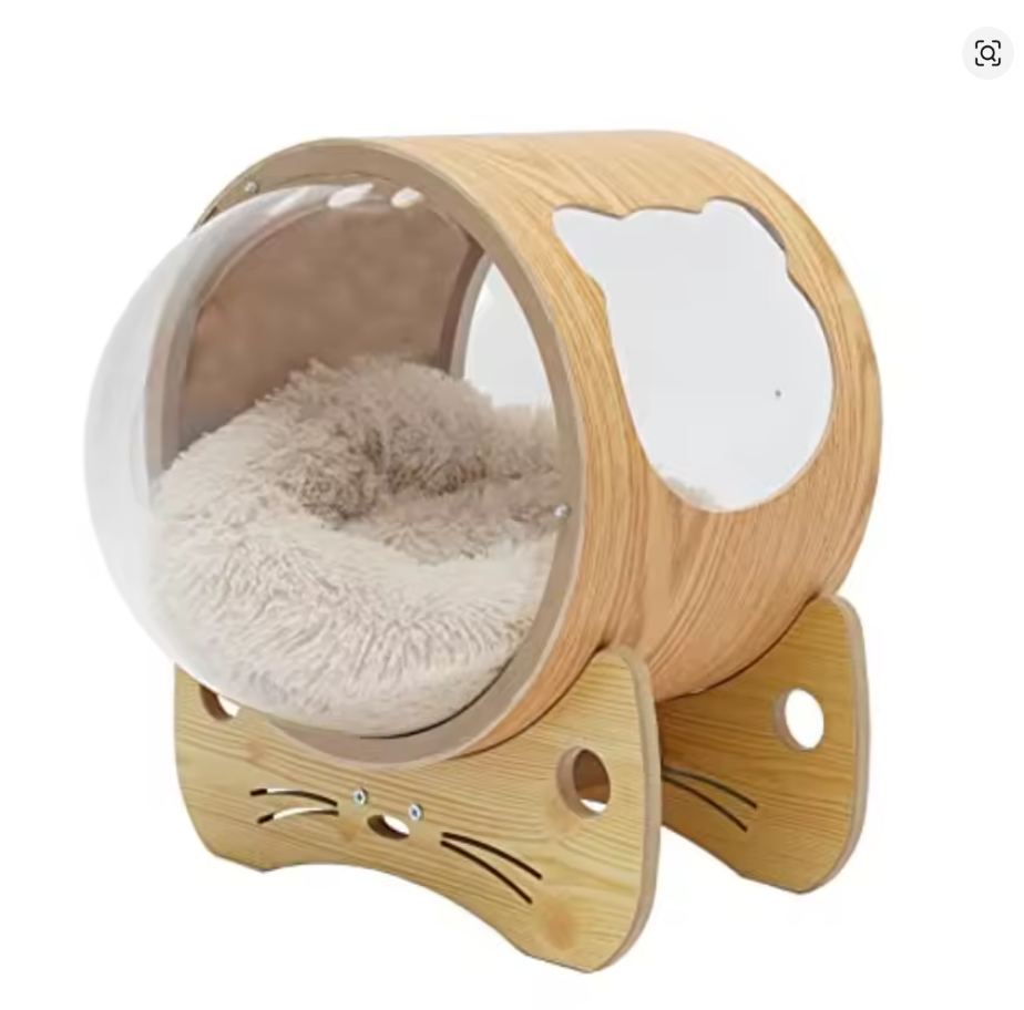 Nuvet™Modern Wooden Cat Bed House – Space Capsule Design with Cushion