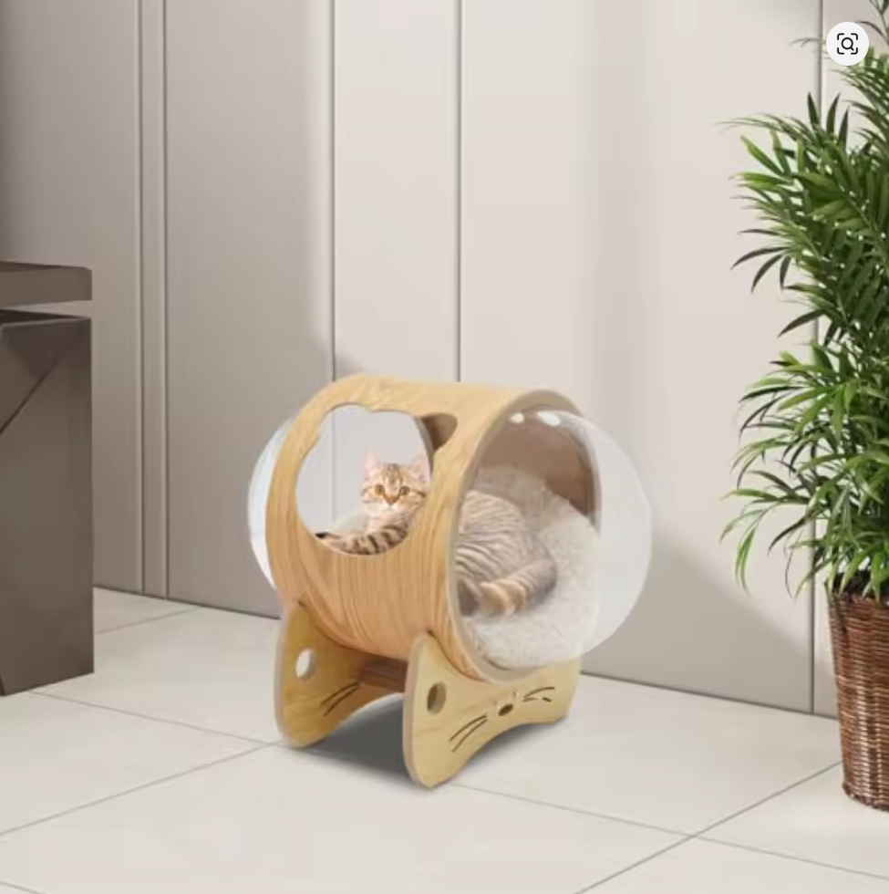 Nuvet™Modern Wooden Cat Bed House – Space Capsule Design with Cushion