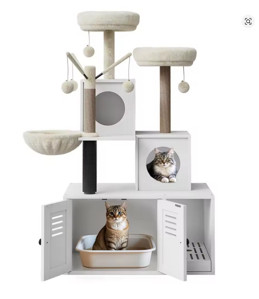 Nuvet™3-in-1 Cat Litter Box Enclosure with Cat Tree – Hidden Washroom Furniture