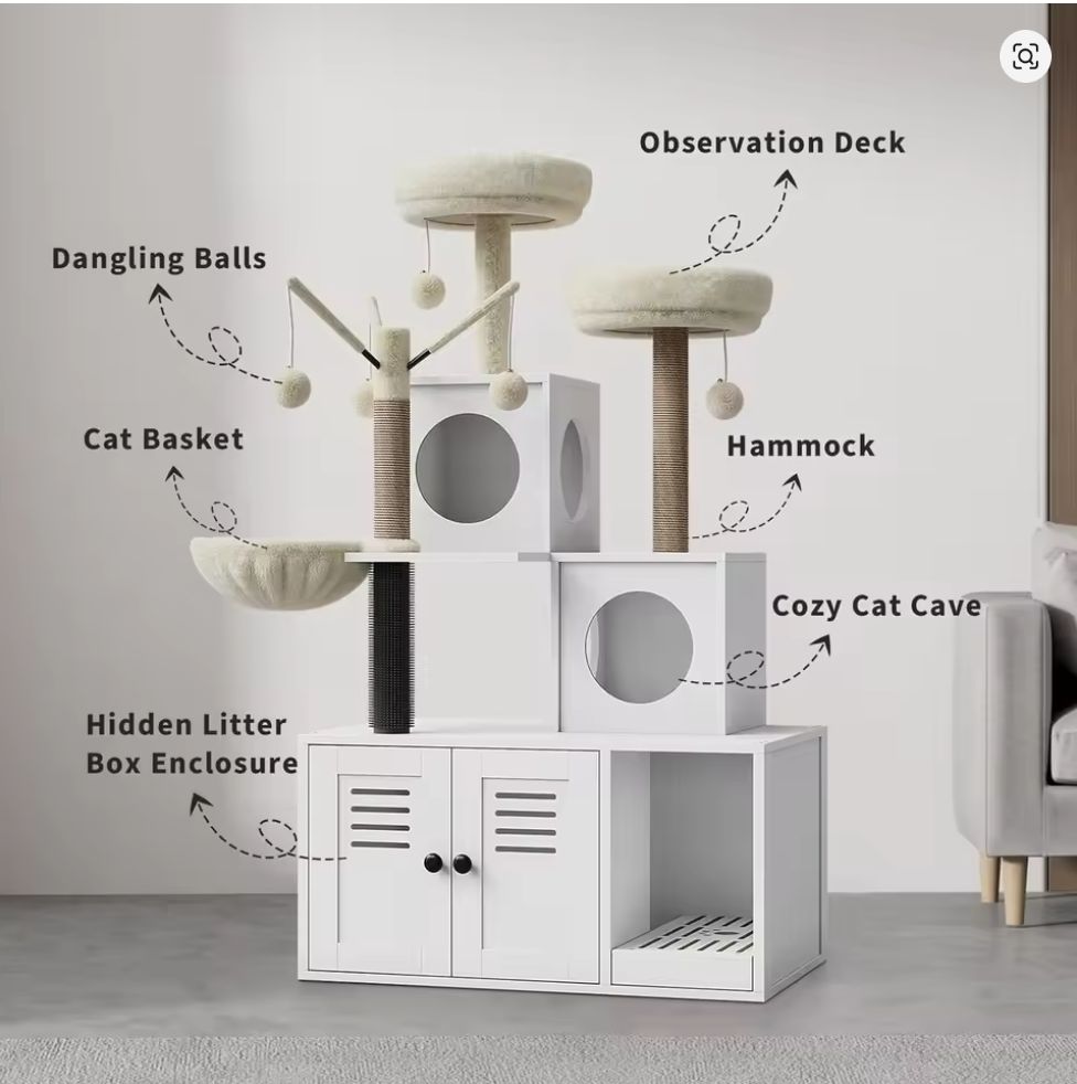 Nuvet™3-in-1 Cat Litter Box Enclosure with Cat Tree – Hidden Washroom Furniture