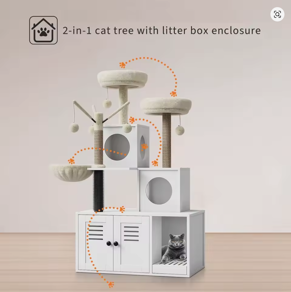 Nuvet™3-in-1 Cat Litter Box Enclosure with Cat Tree – Hidden Washroom Furniture