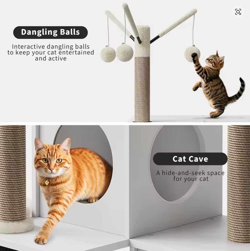 Nuvet™3-in-1 Cat Litter Box Enclosure with Cat Tree – Hidden Washroom Furniture