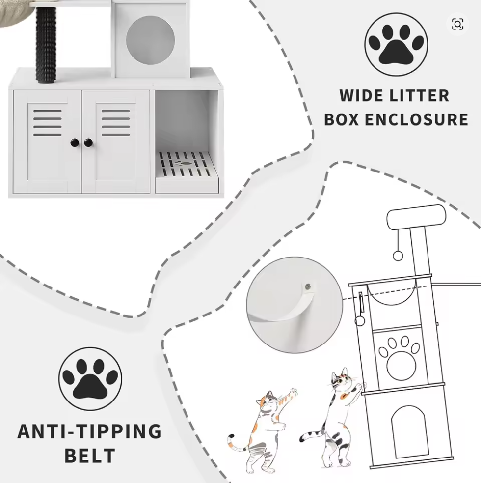 Nuvet™3-in-1 Cat Litter Box Enclosure with Cat Tree – Hidden Washroom Furniture
