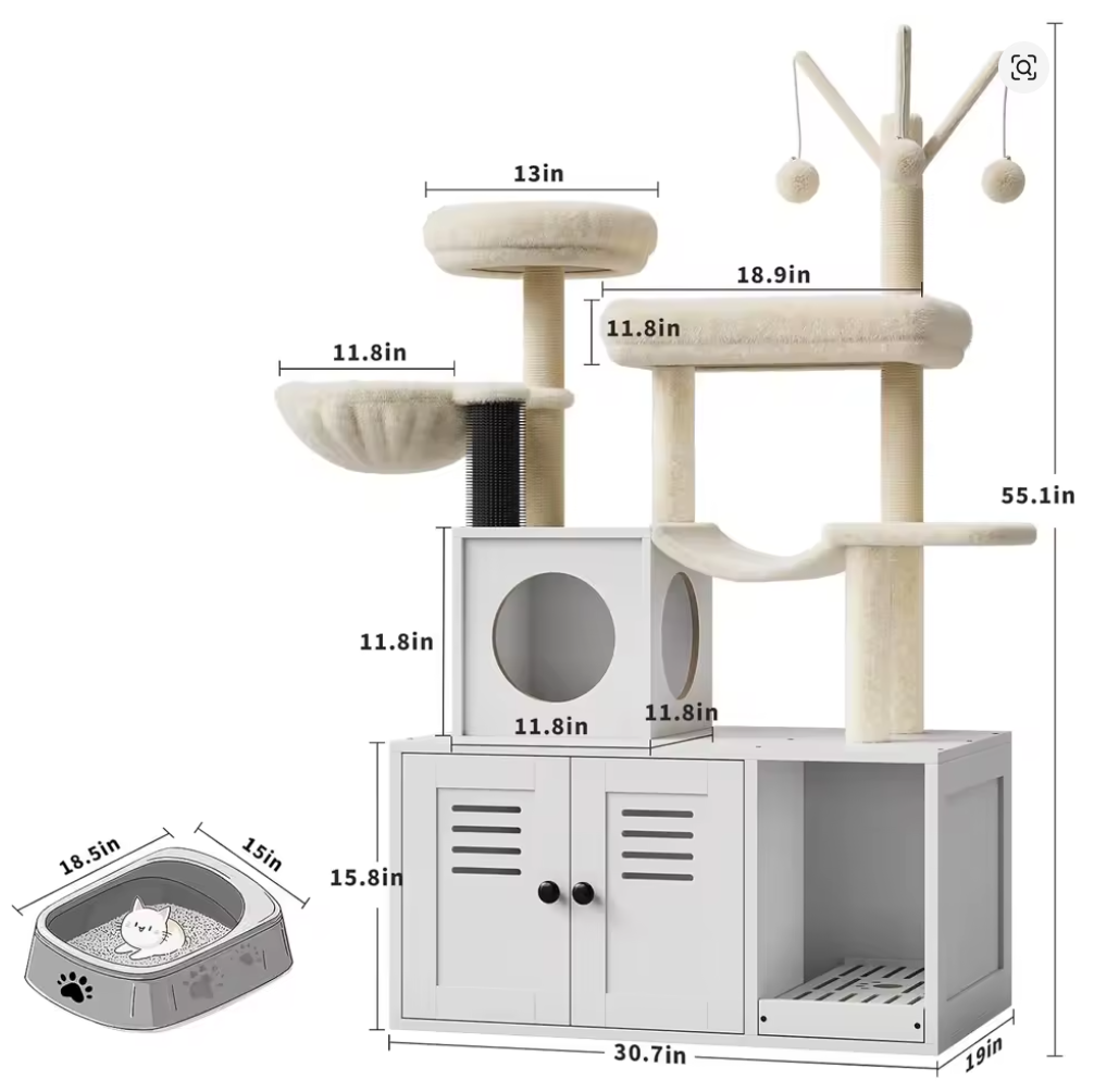 Nuvet™3-in-1 Cat Litter Box Enclosure with Cat Tree – Hidden Washroom Furniture