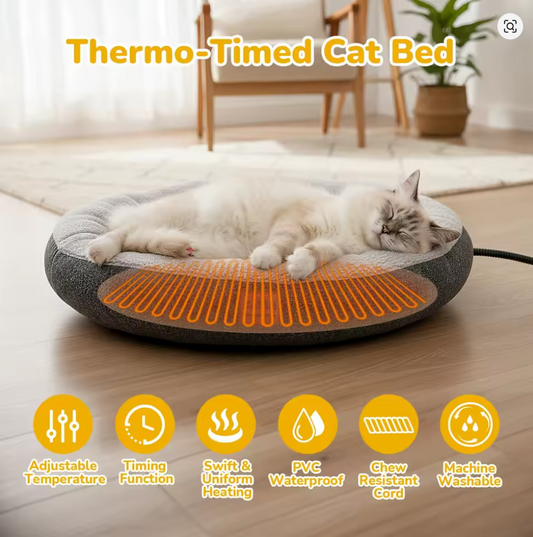 Nuvet™Heated Indoor Cat Bed – Self-Warming Donut Cave with Timer