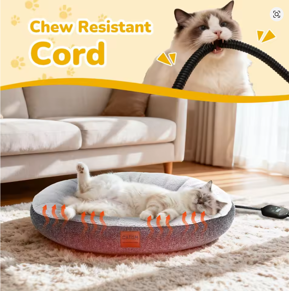 Nuvet™Heated Indoor Cat Bed – Self-Warming Donut Cave with Timer