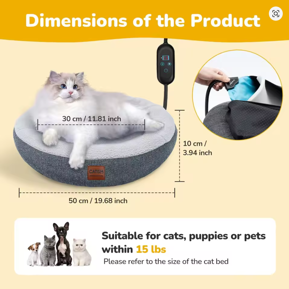 Nuvet™Heated Indoor Cat Bed – Self-Warming Donut Cave with Timer