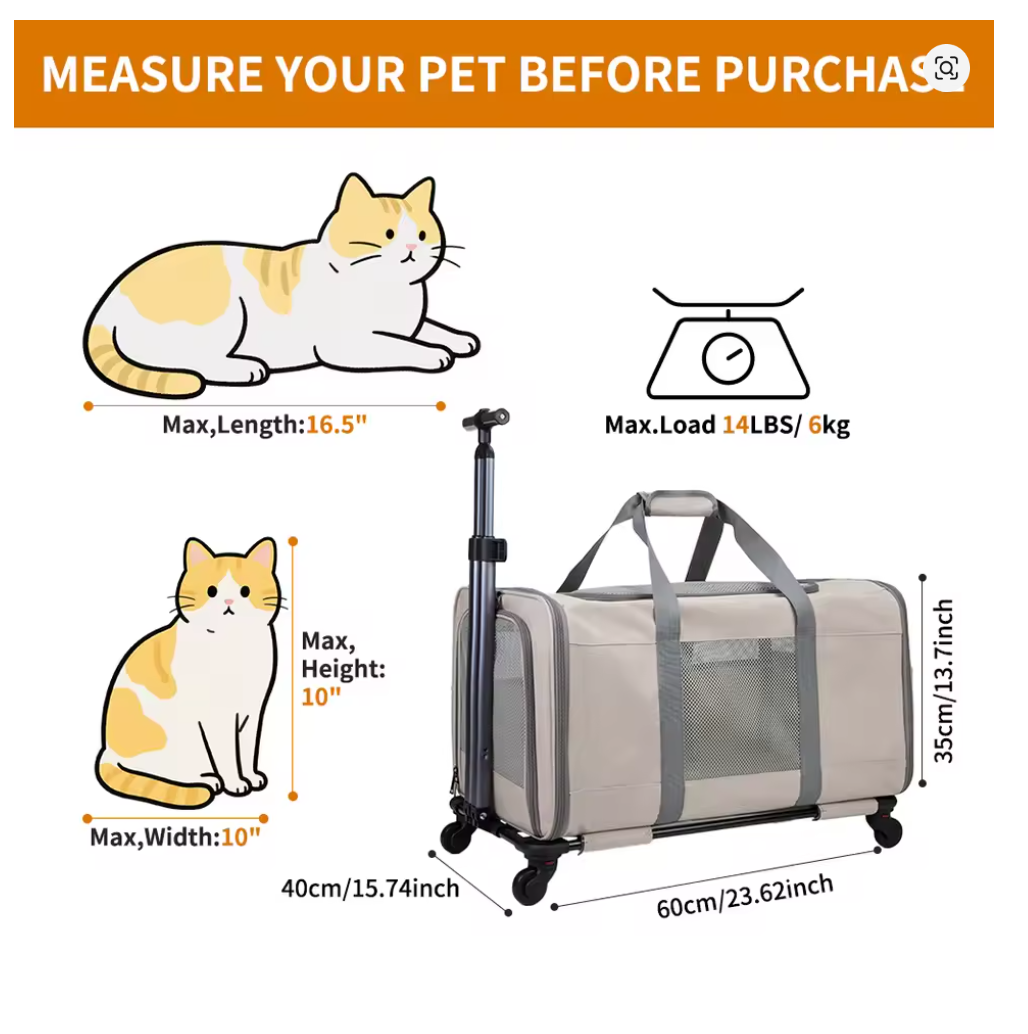 Nuvet™Cat Carrier with Wheels for 2 Cats – Large Rolling Travel Carrier