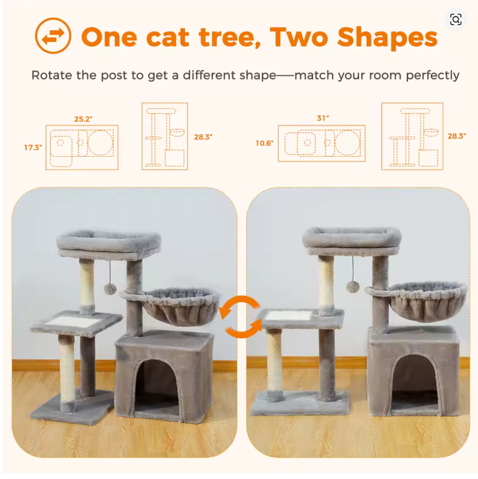 Nuvet™Indoor Cat Tree Tower – Scratching Posts, Hammock & Removable Perch