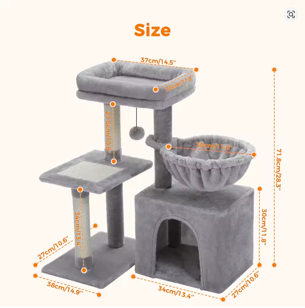 Nuvet™Indoor Cat Tree Tower – Scratching Posts, Hammock & Removable Perch