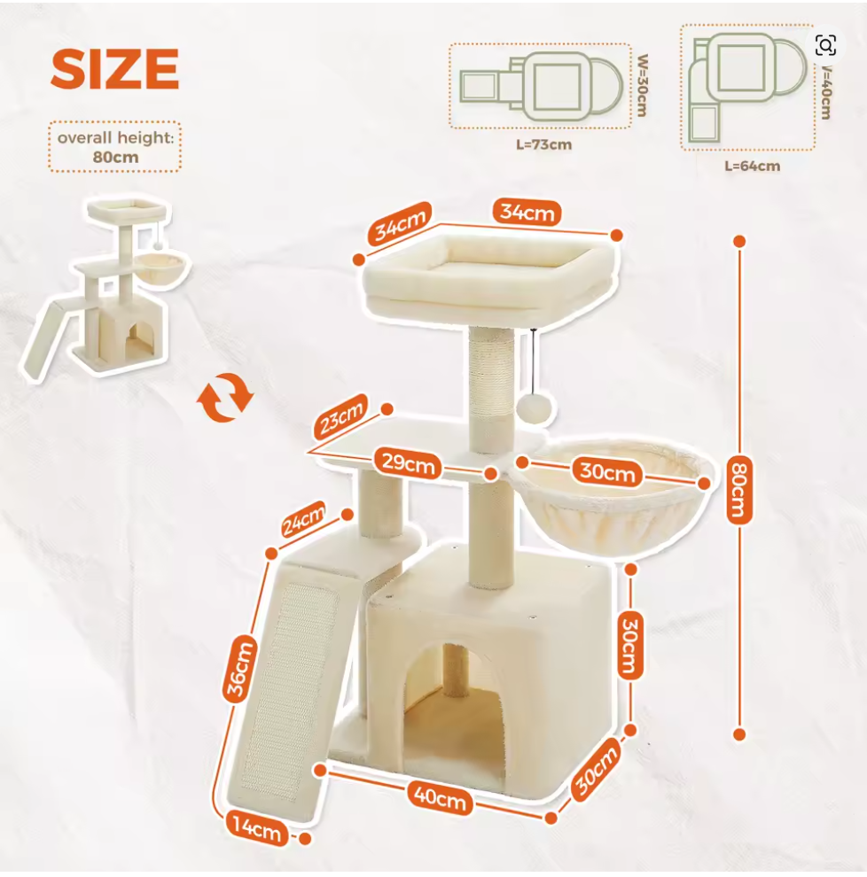 Nuvet™Indoor Cat Tree Tower – Scratching Posts, Hammock & Removable Perch