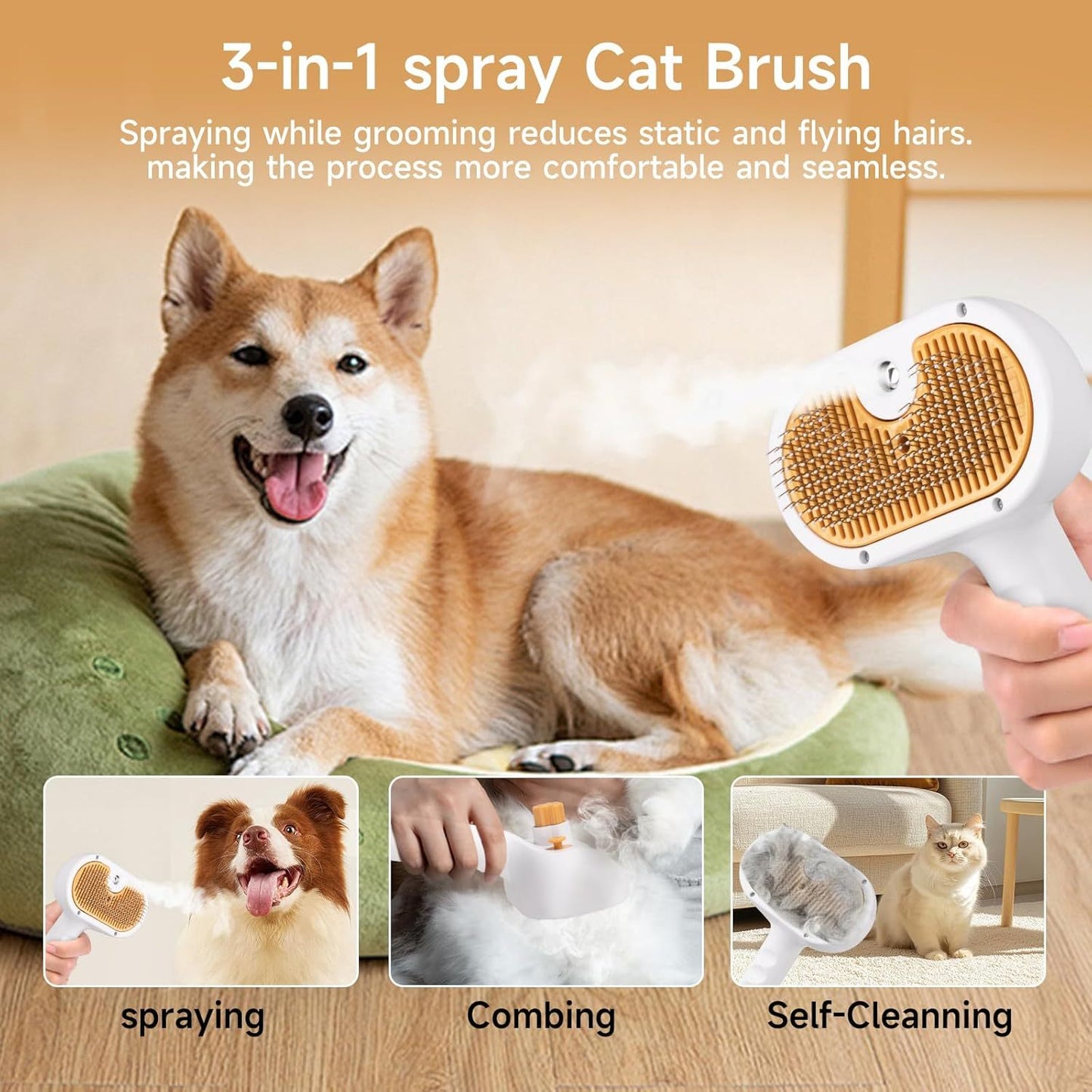 Steam Grooming Brush for Dogs & Cats – 3-in-1 Spray Deshedding & Hair Removal Tool